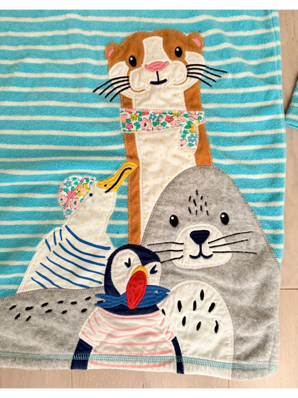 Mini Boden Aqua & White Striped Hooded Tunic with Animal Appliqués